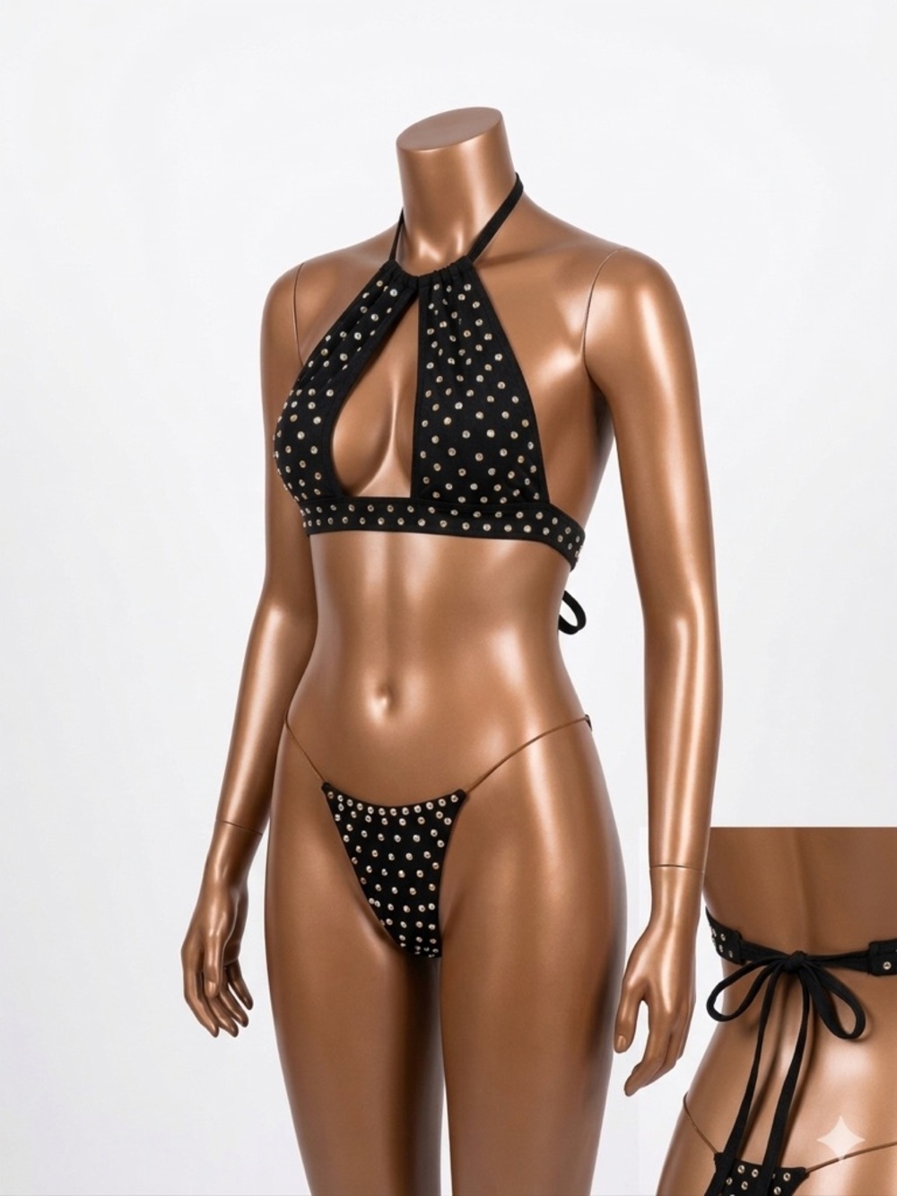 Black Studded Halter Bikini Set - Women Swim